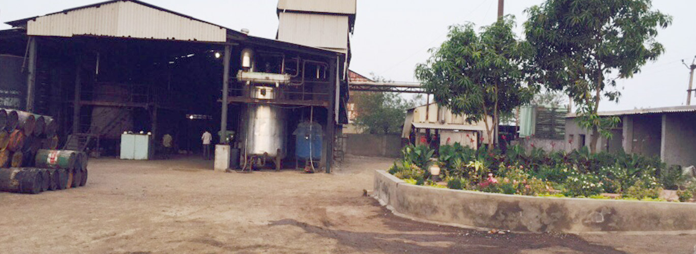 The plant yard at Mamsa: a shed with drums stacked at the left, a stainless column, a tree and a flower bed